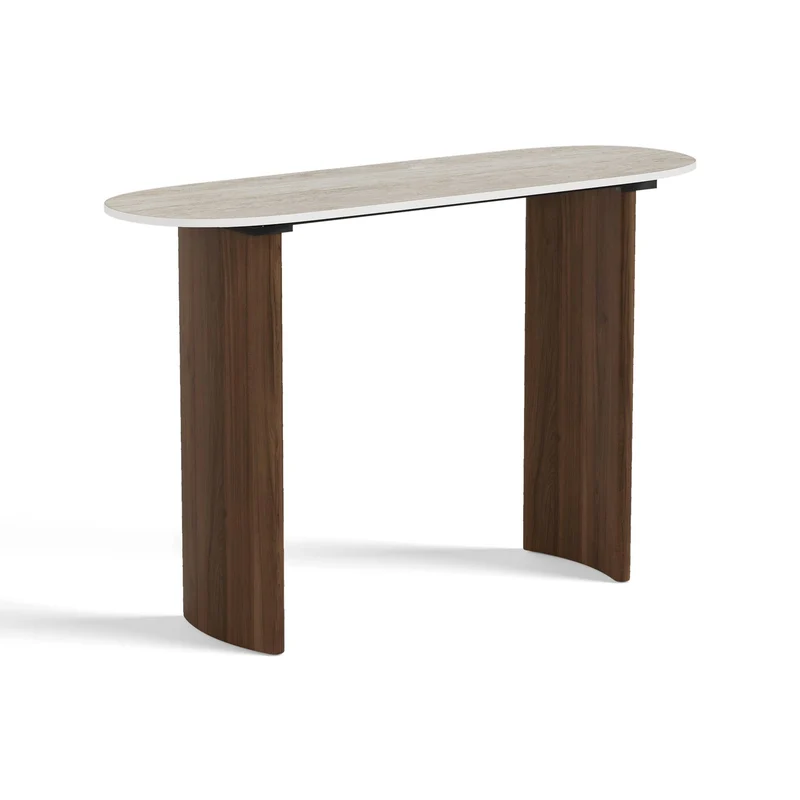 Console VERO céramique aspect travertin et pieds noyer 110cm