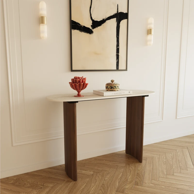Console VERO céramique aspect travertin et pieds noyer 110cm