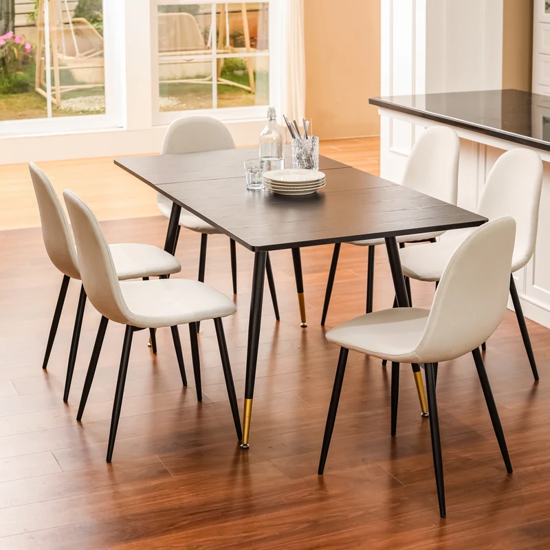 Table de salle à manger rectangulaire extensible noir effet bois de style scandinave pieds points dorés 120-160 WHALEN DARK WOOD STRETCH TABLE BG