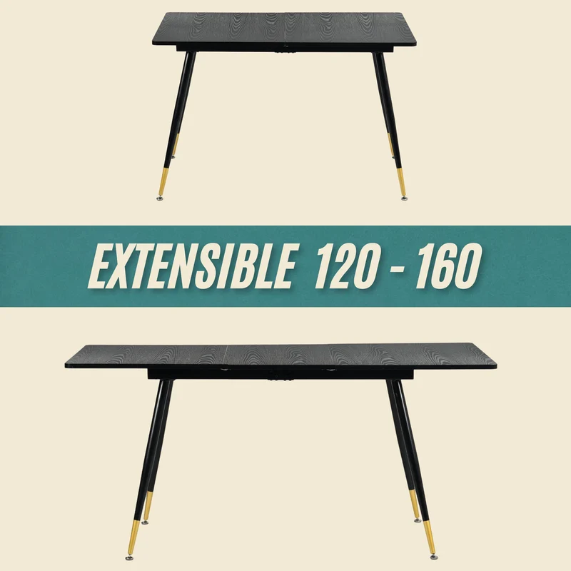 Table de salle à manger rectangulaire extensible noir effet bois de style scandinave pieds points dorés 120-160 WHALEN DARK WOOD STRETCH TABLE BG