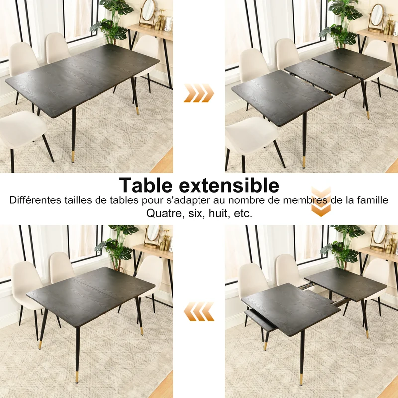 Table de salle à manger rectangulaire extensible noir effet bois de style scandinave pieds points dorés 120-160 WHALEN DARK WOOD STRETCH TABLE BG