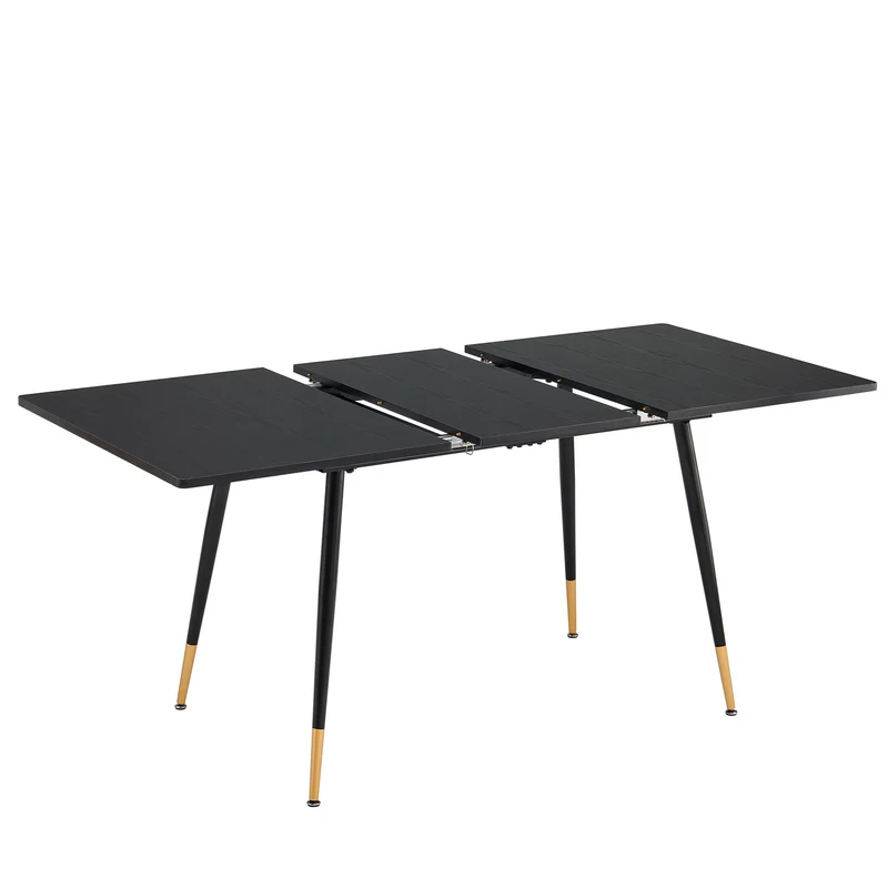 Table de salle à manger rectangulaire extensible noir effet bois de style scandinave pieds points dorés 120-160 WHALEN DARK WOOD STRETCH TABLE BG