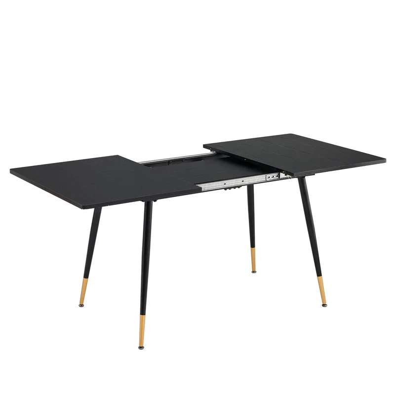 Table de salle à manger rectangulaire extensible noir effet bois de style scandinave pieds points dorés 120-160 WHALEN DARK WOOD STRETCH TABLE BG