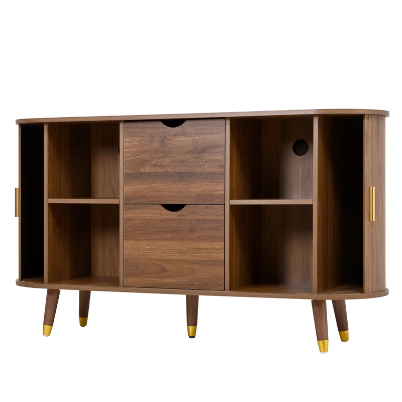 Buffet rétro vintage effet noyer 2 portes coulissantes, 2 tiroirs, pieds bois et points dorés design arrondi CASCADENYX