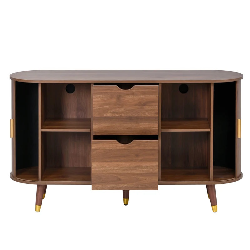 Buffet rétro vintage effet noyer 2 portes coulissantes, 2 tiroirs, pieds bois et points dorés design arrondi CASCADENYX