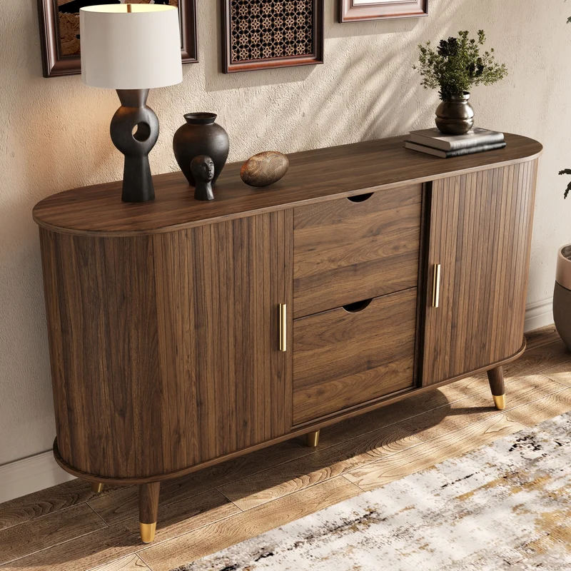 Buffet rétro vintage effet noyer 2 portes coulissantes, 2 tiroirs, pieds bois et points dorés design arrondi CASCADENYX