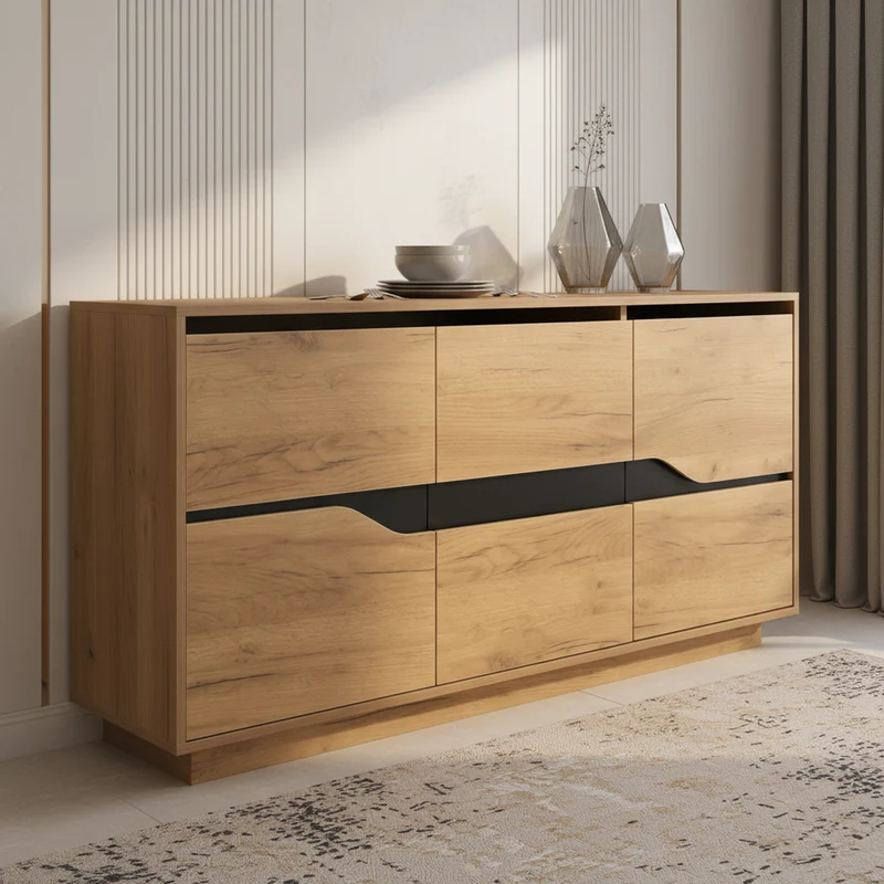Buffet industriel effet bois et noir 3 portes 140x40x70 cm RIFTZORVAKYNOR