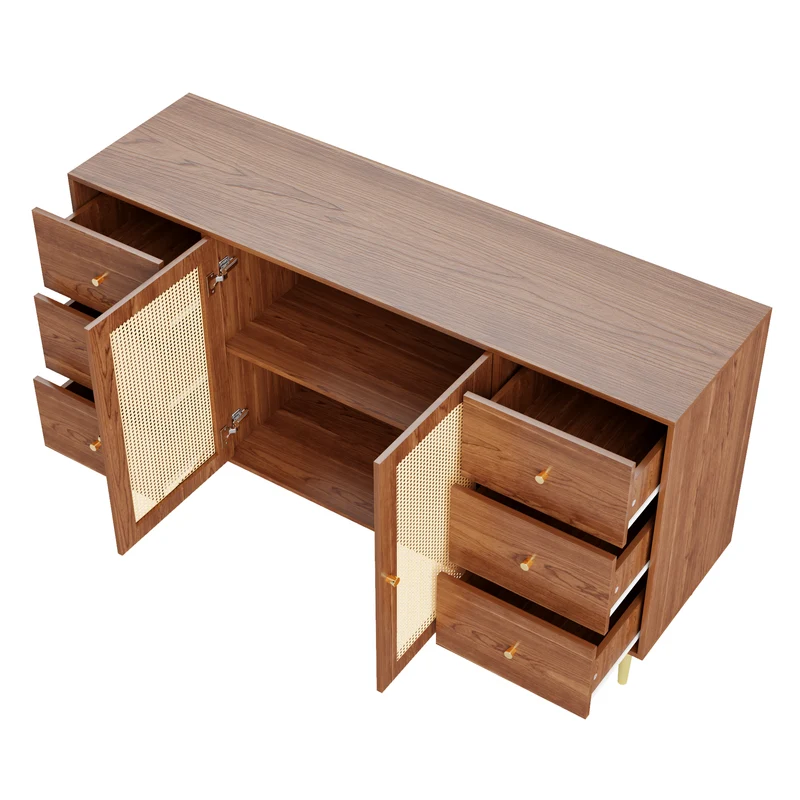 Buffet rétro effet bois 2 portes en rotin et 6 tiroirs 160x40x90 cm STARLEAF