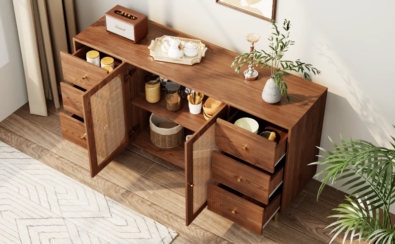 Buffet rétro effet bois 2 portes en rotin et 6 tiroirs 160x40x90 cm STARLEAF