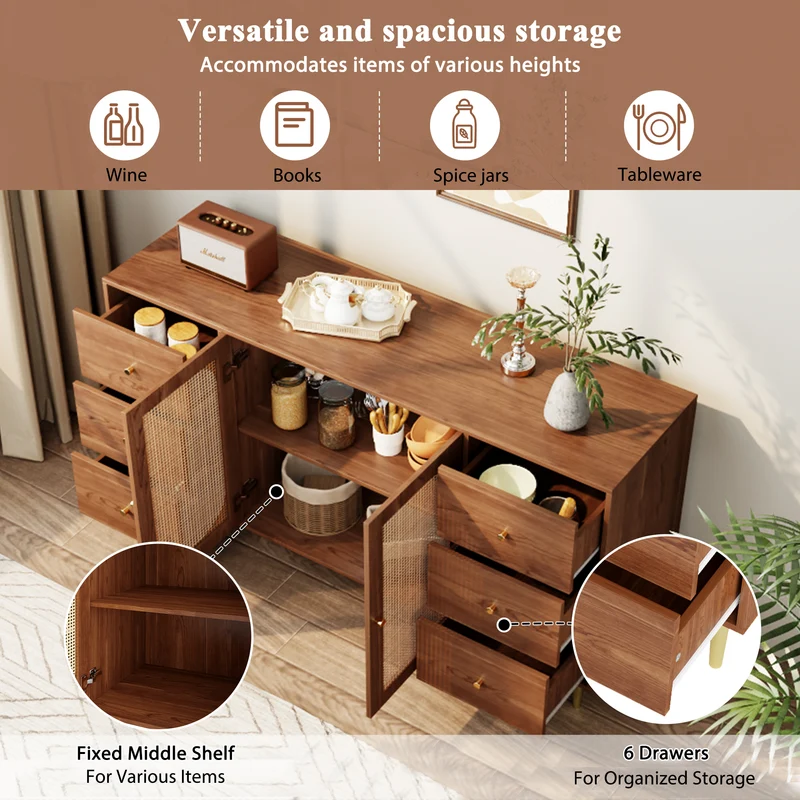 Buffet rétro effet bois 2 portes en rotin et 6 tiroirs 160x40x90 cm STARLEAF