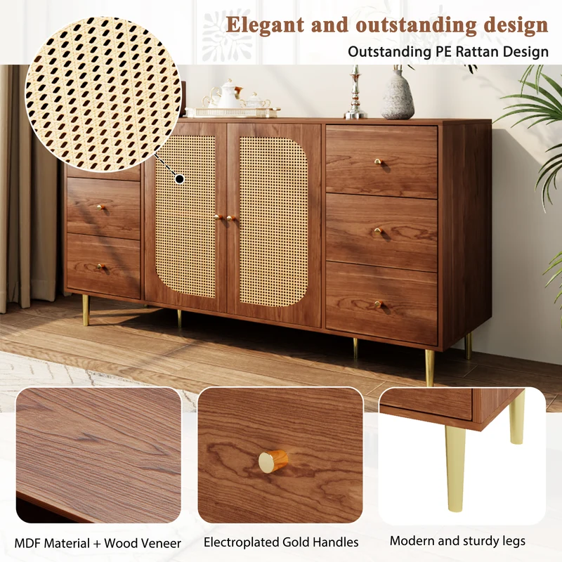 Buffet rétro effet bois 2 portes en rotin et 6 tiroirs 160x40x90 cm STARLEAF