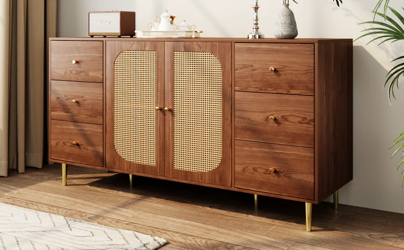 Buffet rétro effet bois 2 portes en rotin et 6 tiroirs 160x40x90 cm STARLEAF