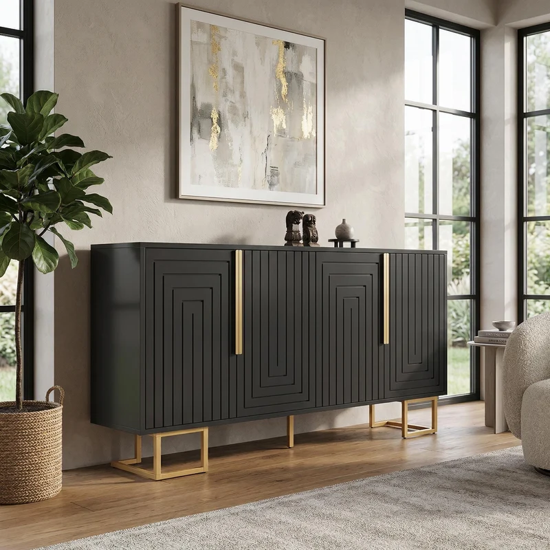 Buffet noir design géométrique détails dorés 152x40x75 cm RIFTSYLTHYN