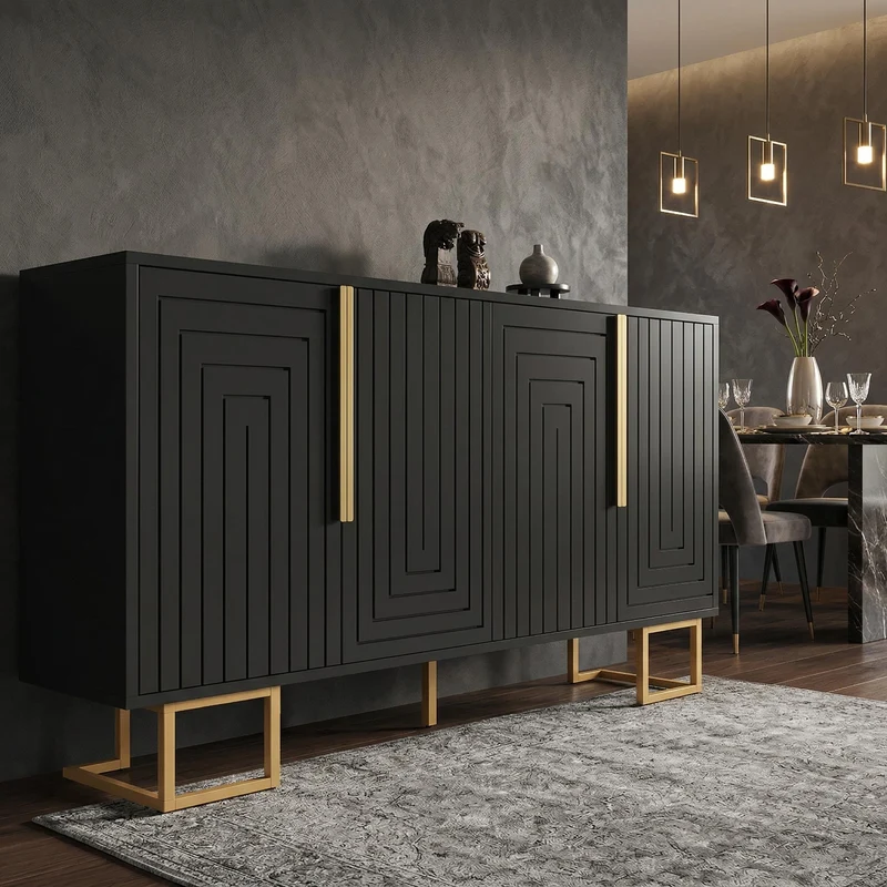 Buffet noir design géométrique détails dorés 152x40x75 cm RIFTSYLTHYN