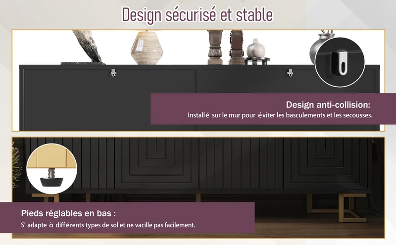 Buffet noir design géométrique détails dorés 152x40x75 cm RIFTSYLTHYN