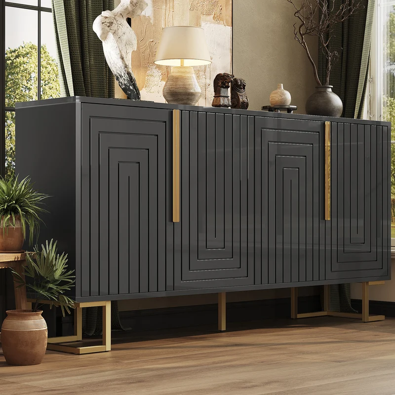 Buffet noir design géométrique détails dorés 152x40x75 cm RIFTSYLTHYN