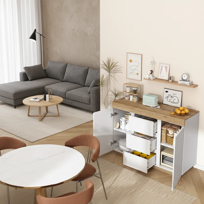 Buffet blanc et effet chêne 3 tiroirs 2 portes 120,5 * 40,2 *82,5 cm CASCADEORBIT