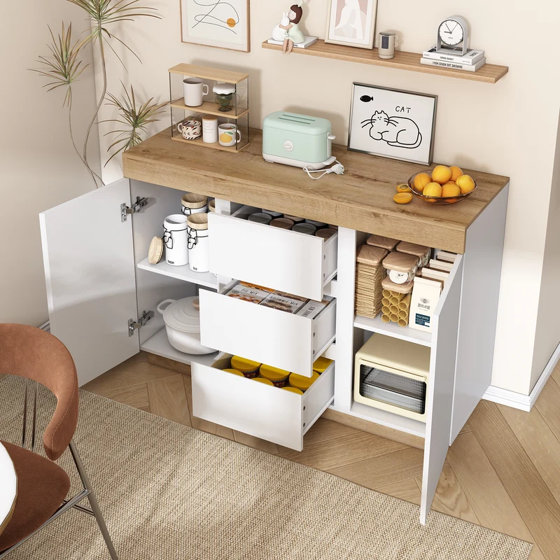 Buffet blanc et effet chêne 3 tiroirs 2 portes 120,5 * 40,2 *82,5 cm CASCADEORBIT