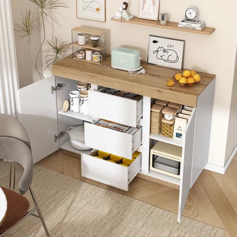 Buffet blanc et effet chêne 3 tiroirs 2 portes 120,5 * 40,2 *82,5 cm CASCADEORBIT