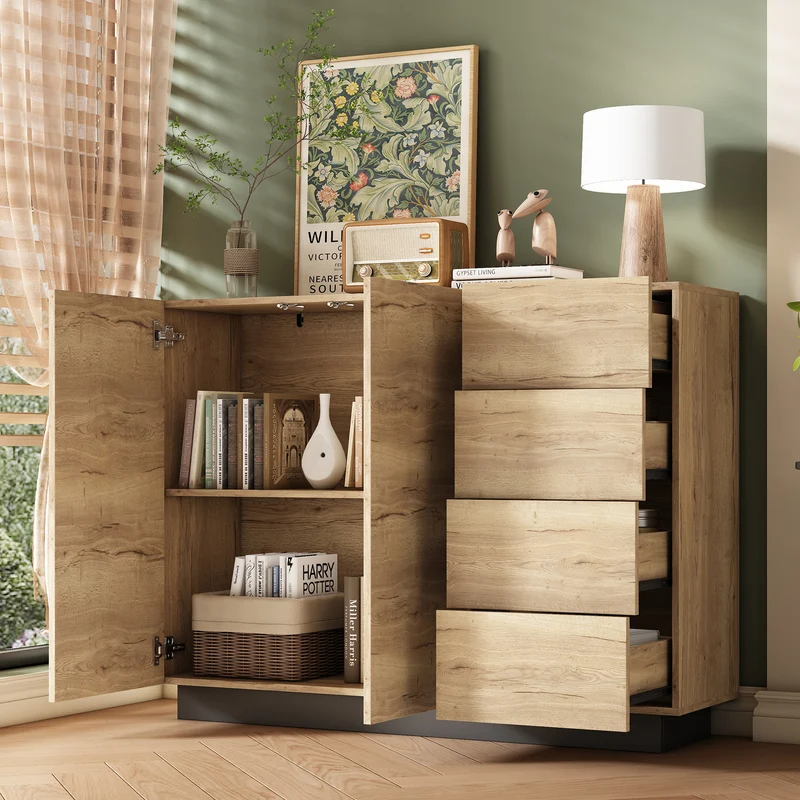 Buffet effet bois 2 portes 4 tiroirs 120x35,5x90,5 cm SOLSTICELRE