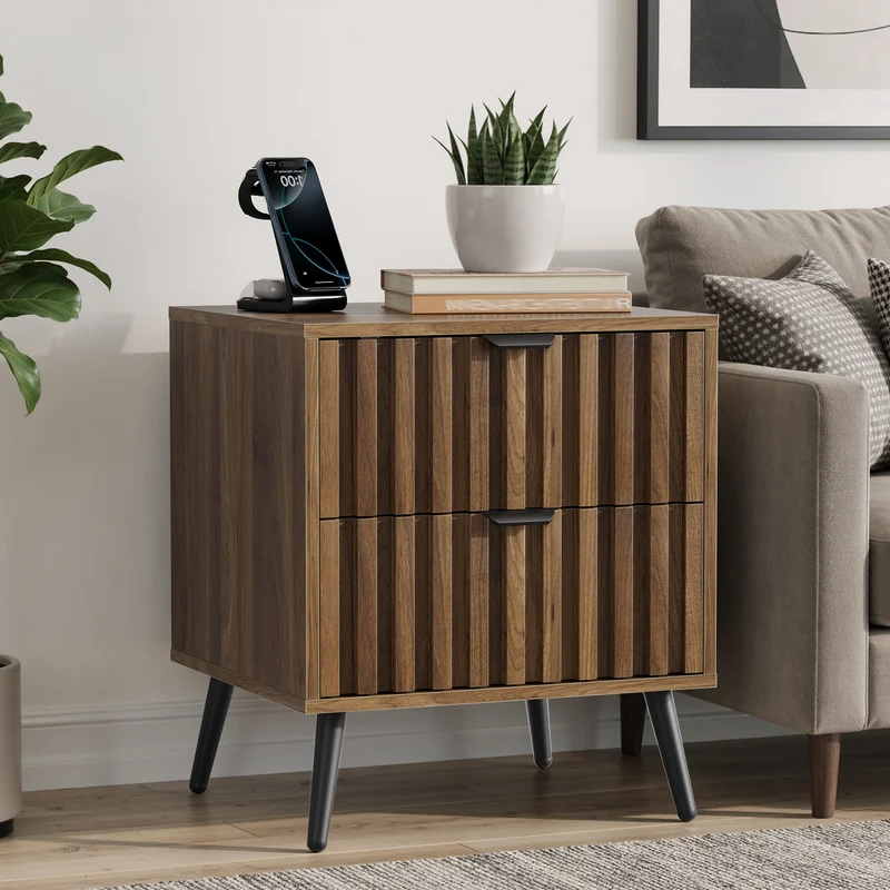 Table de chevet effet noyer 2 tiroirs sculptées 45x40x53cm FOCUSLS