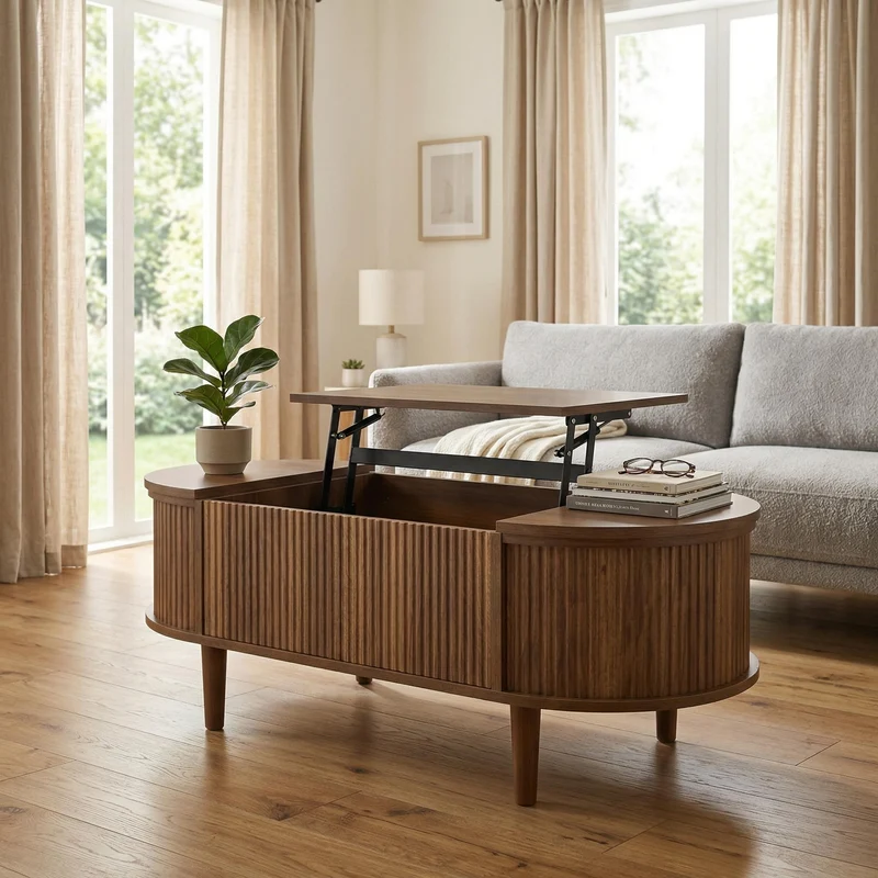 Table basse ovale rélevable effet noyer vintage 2 portes 100x48cm FLAREARAA