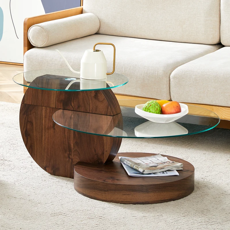 Table basse minimaliste effet noyer 2 verres trempés 90x70x44cm QUANTALAL