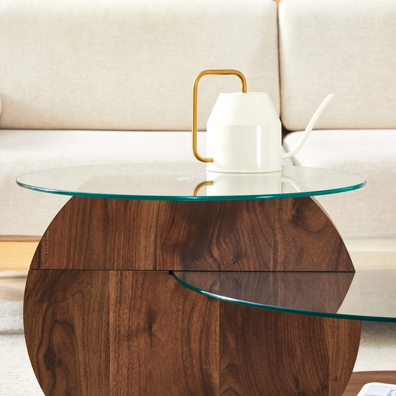 Table basse minimaliste effet noyer 2 verres trempés 90x70x44cm QUANTALAL