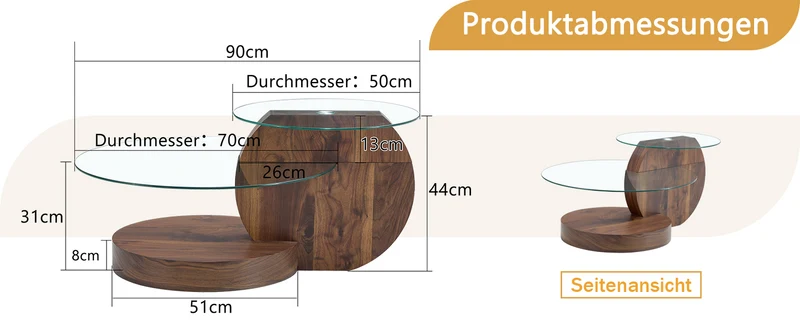 Table basse minimaliste effet noyer 2 verres trempés 90x70x44cm QUANTALAL