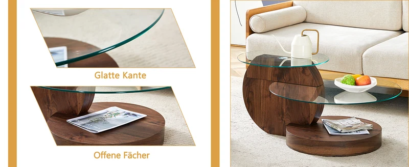 Table basse minimaliste effet noyer 2 verres trempés 90x70x44cm QUANTALAL