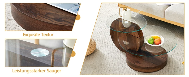 Table basse minimaliste effet noyer 2 verres trempés 90x70x44cm QUANTALAL