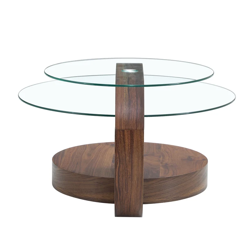 Table basse minimaliste effet noyer 2 verres trempés 90x70x44cm QUANTALAL