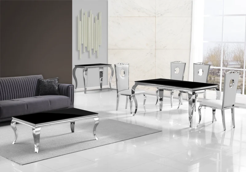 Table à manger rectangulaire verre noir argent - Neo