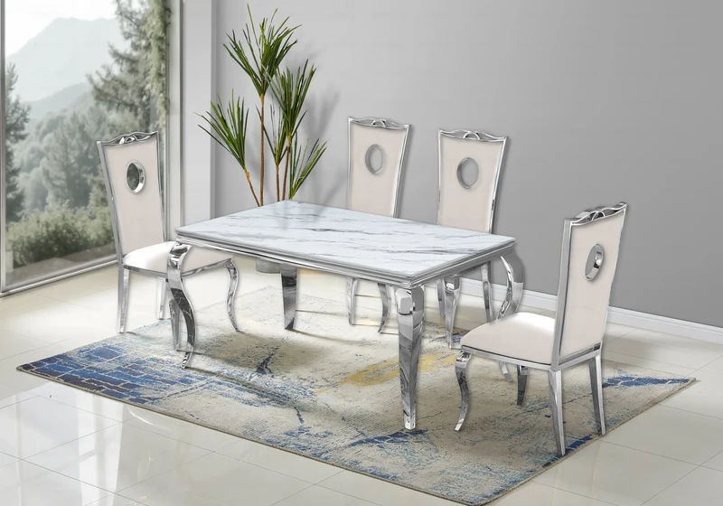 Table à manger rectangulaire marbre blanc argent - Neo