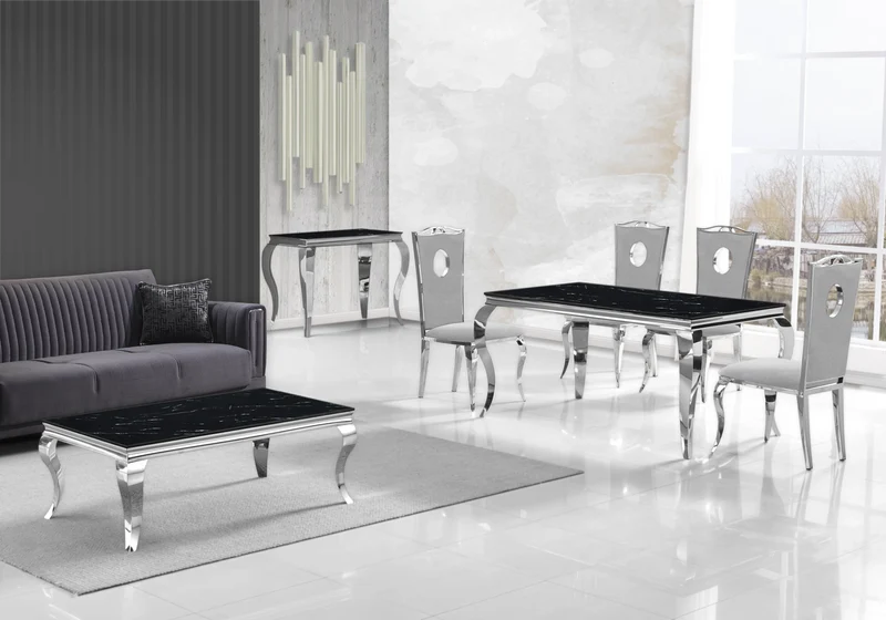 Table à manger rectangulaire marbre noir argent - Neo