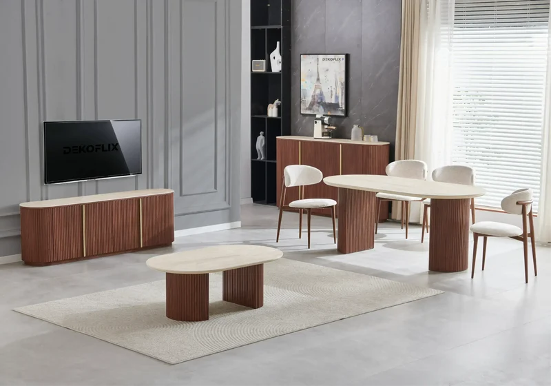 Meuble TV design ovale travertin noyer cannelé - Terra