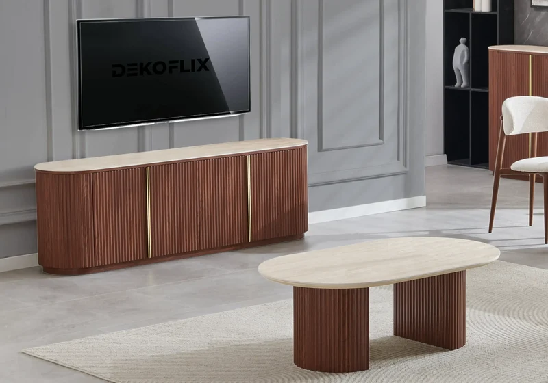 Meuble TV design ovale travertin noyer cannelé - Terra