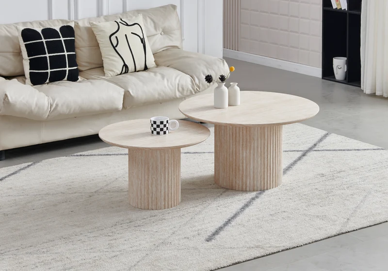 Table basse gigogne ronde travertin cannelée - Terra