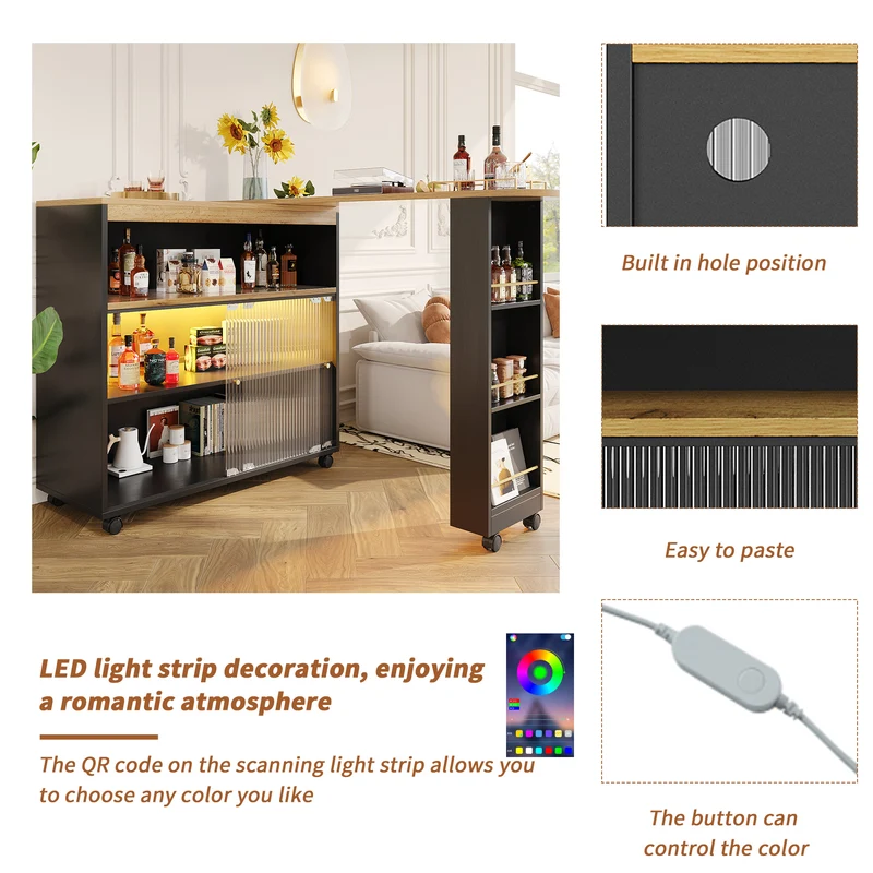 Table de bar mobile pivotante noire avec éclairage LED – 138–204 x 39 x 105 cm – INFINITEINFINIX