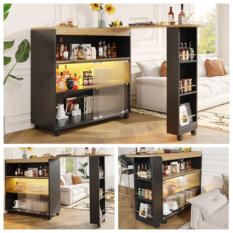Table de bar mobile pivotante noire avec éclairage LED – 138–204 x 39 x 105 cm – INFINITEINFINIX