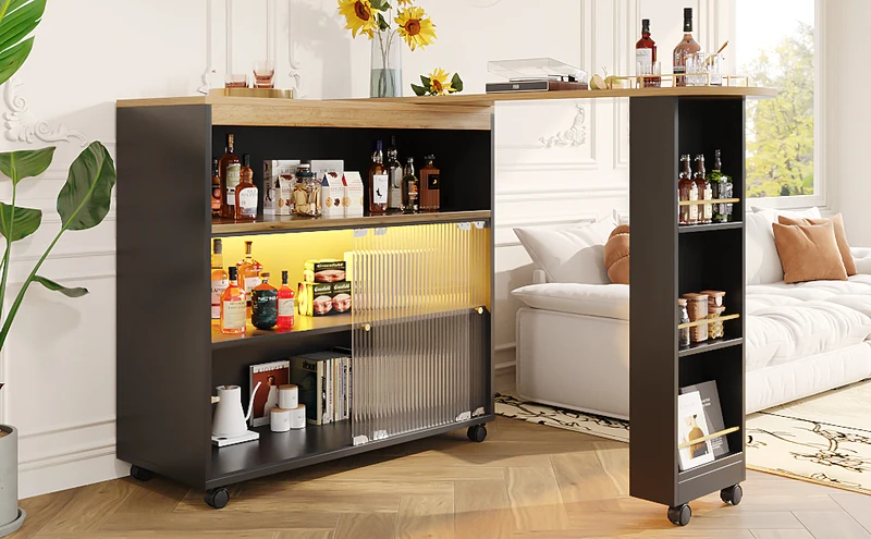 Table de bar mobile pivotante noire avec éclairage LED – 138–204 x 39 x 105 cm – INFINITEINFINIX