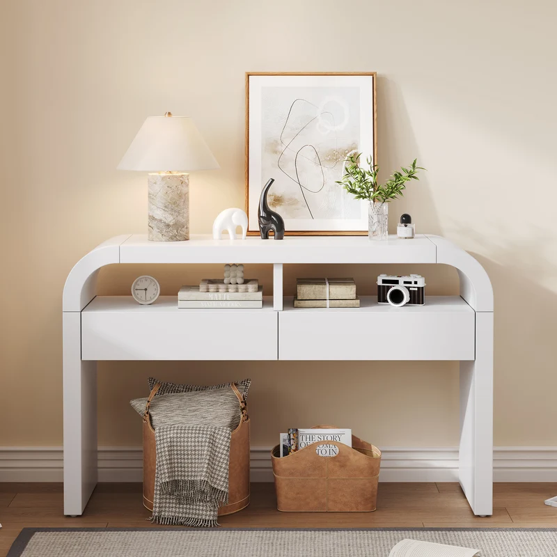 Console d'entrée blanc avec 2 tiroirs design courbé 120x35,5cm INFINITEMERID