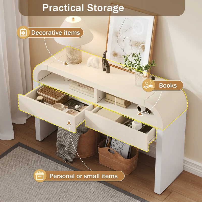 Console d'entrée blanc avec 2 tiroirs design courbé 120x35,5cm INFINITEMERID