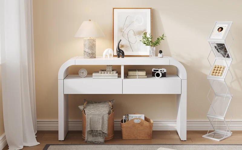 Console d'entrée blanc avec 2 tiroirs design courbé 120x35,5cm INFINITEMERID