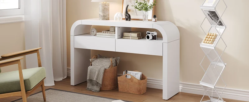 Console d'entrée blanc avec 2 tiroirs design courbé 120x35,5cm INFINITEMERID
