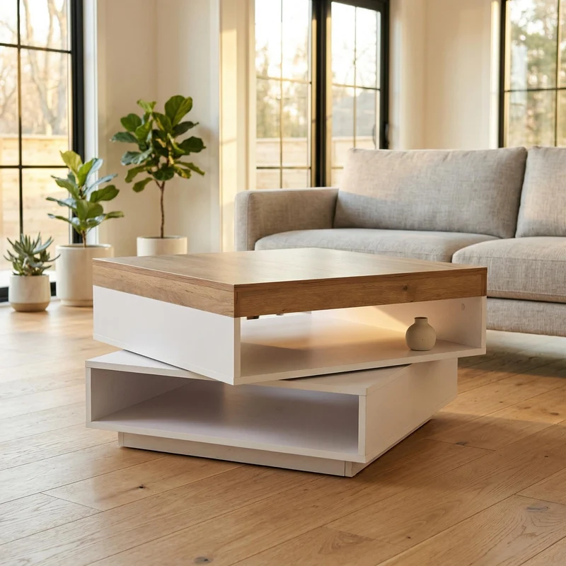 Table basse effet bois carrée pivotant 360° avec LED 65x65x40cm MERIDIANMOMENT