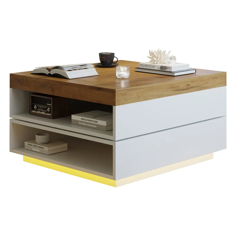Table basse effet bois carrée pivotant 360° avec LED 65x65x40cm MERIDIANMOMENT