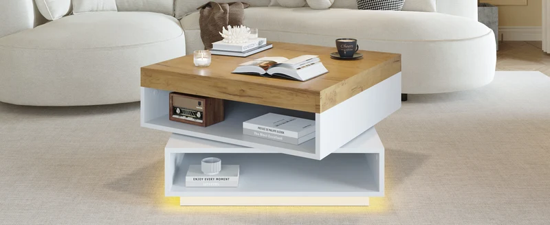 Table basse effet bois carrée pivotant 360° avec LED 65x65x40cm MERIDIANMOMENT