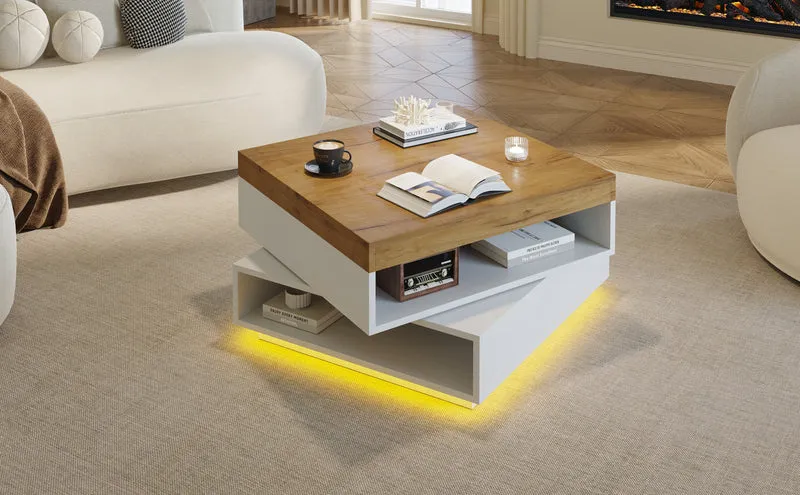 Table basse effet bois carrée pivotant 360° avec LED 65x65x40cm MERIDIANMOMENT