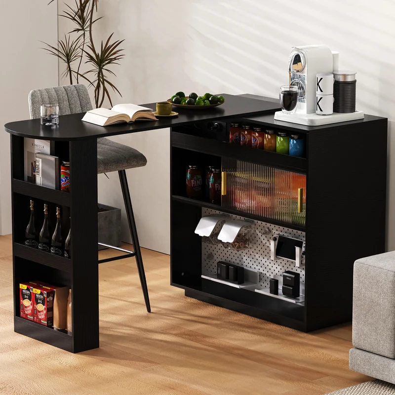 Table de bar extensible noir et pivotant 360° avec LED et prises 120x50x95,5 cm FLAREITYY